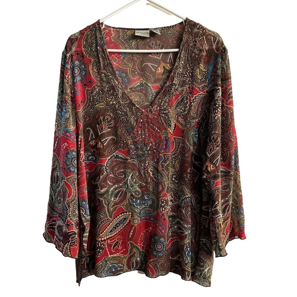 Chico’s Silk Embellished Women’s Paisley Tunic Top Size Large